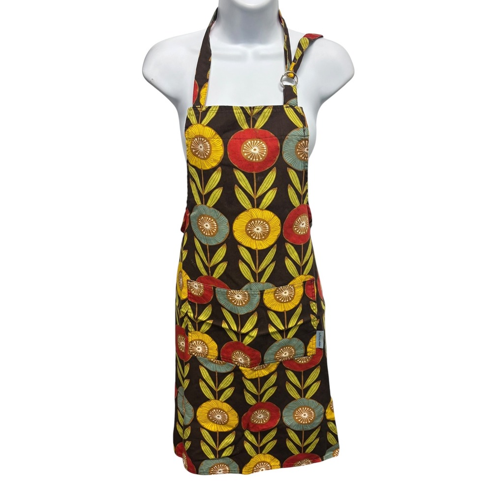Now Designs Retro Floral Cotton Chef Apron Brown Red Yellow Blue MCM Pocket